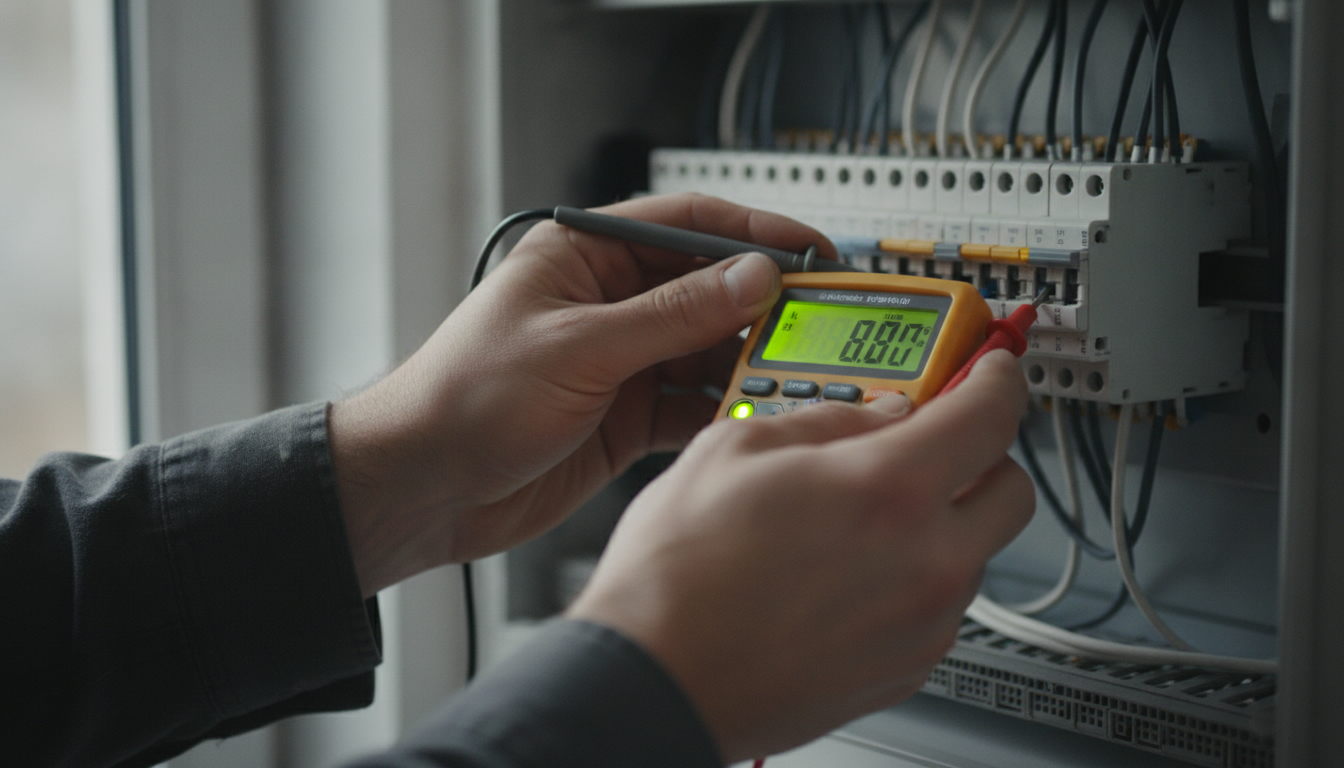 Elektriker misst mit dem Multimeter an einer frisch verdrahteten Klemmleiste im Verteiler.