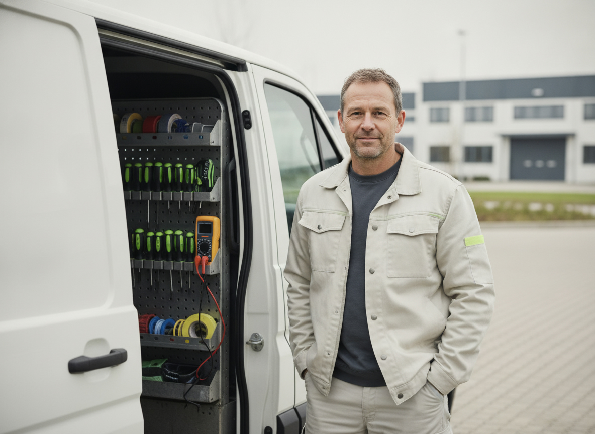 Elektrikermeister vor seinem Einsatzfahrzeug mit organisiertem Werkzeug.