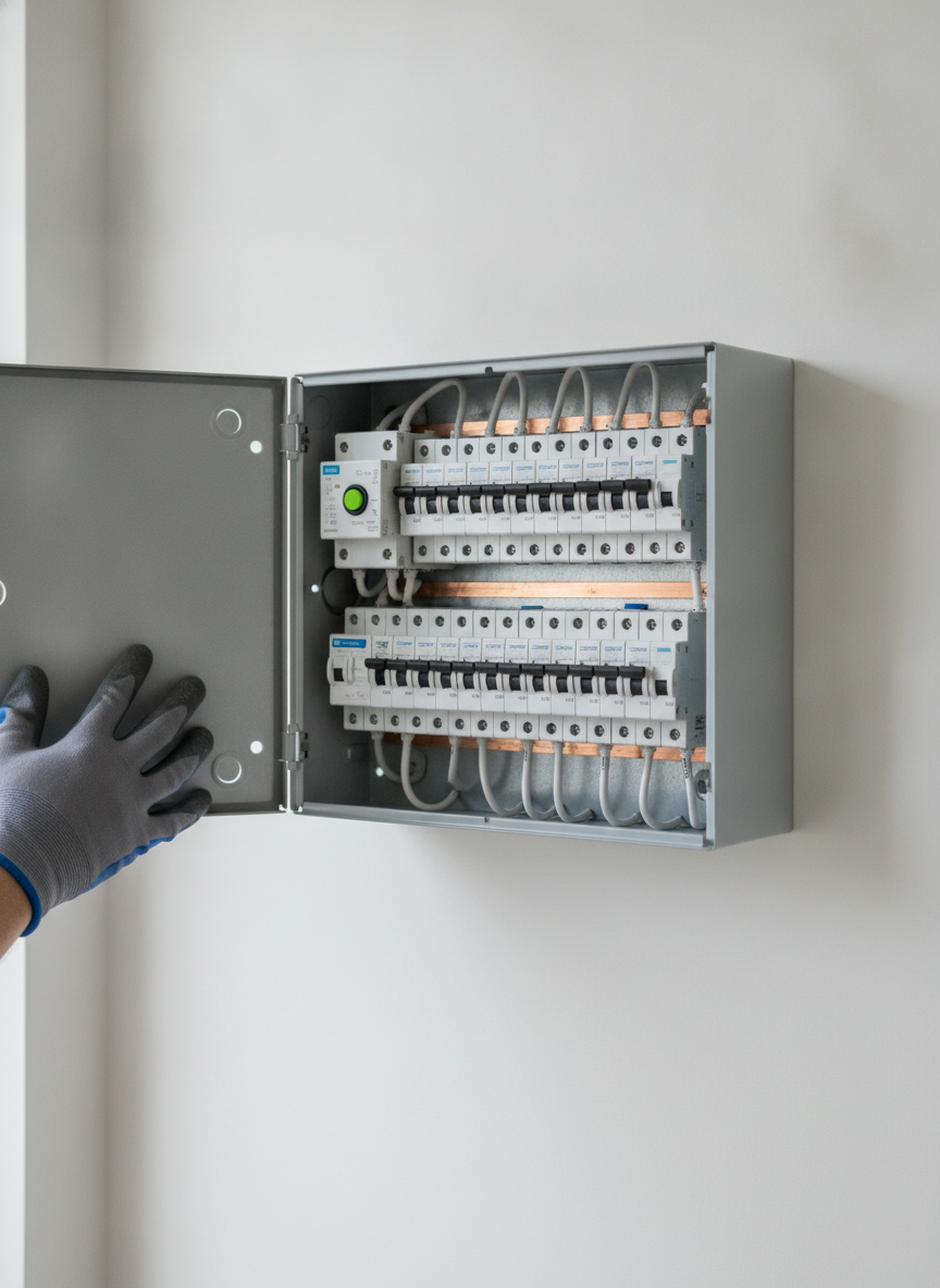 Neuer Verteiler mit beschrifteten Automaten, FI-Schutzschalter und sauberer Verdrahtung.